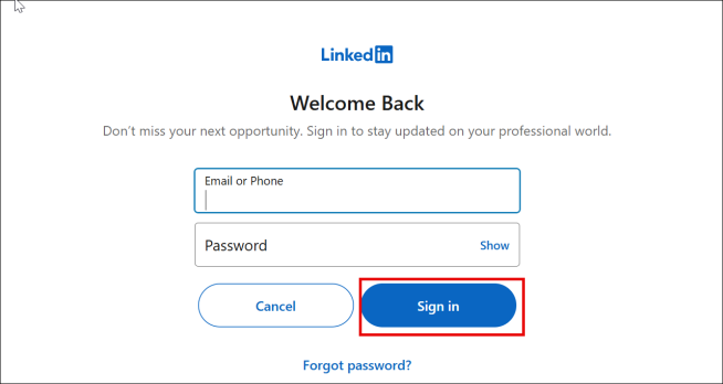LinkedIn Sign in page